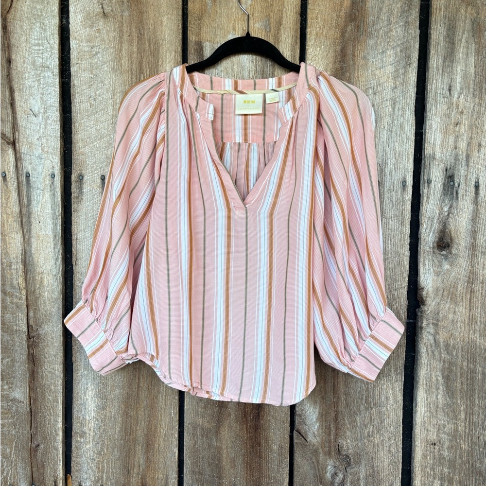 Maeve Anthropologie Pink Striped Peasant Blouse‎ Balloon Sleeve Boho Small